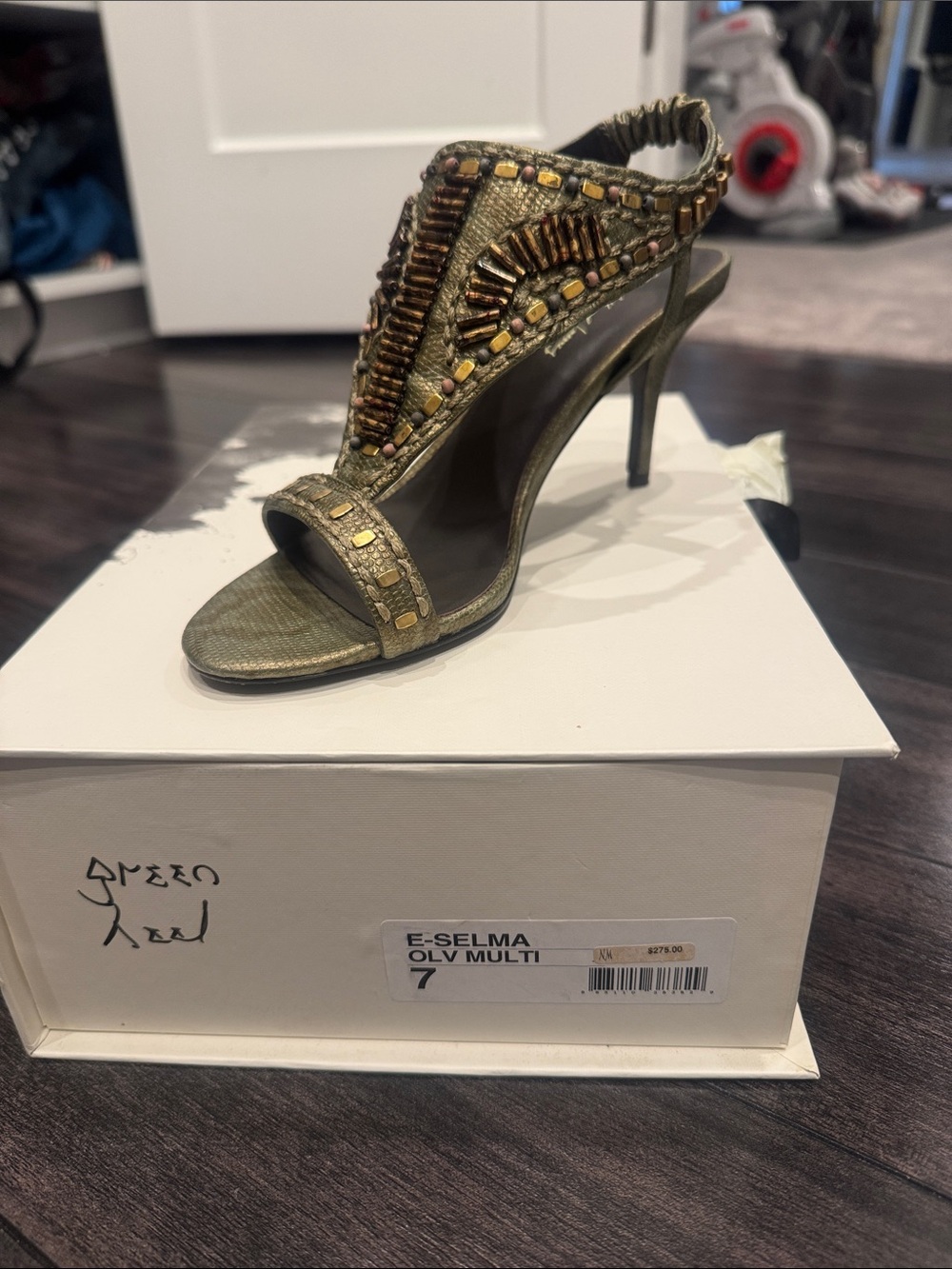 Elizabeth and James SelmaEmbellished Olive Green High Heel Sandal - Women